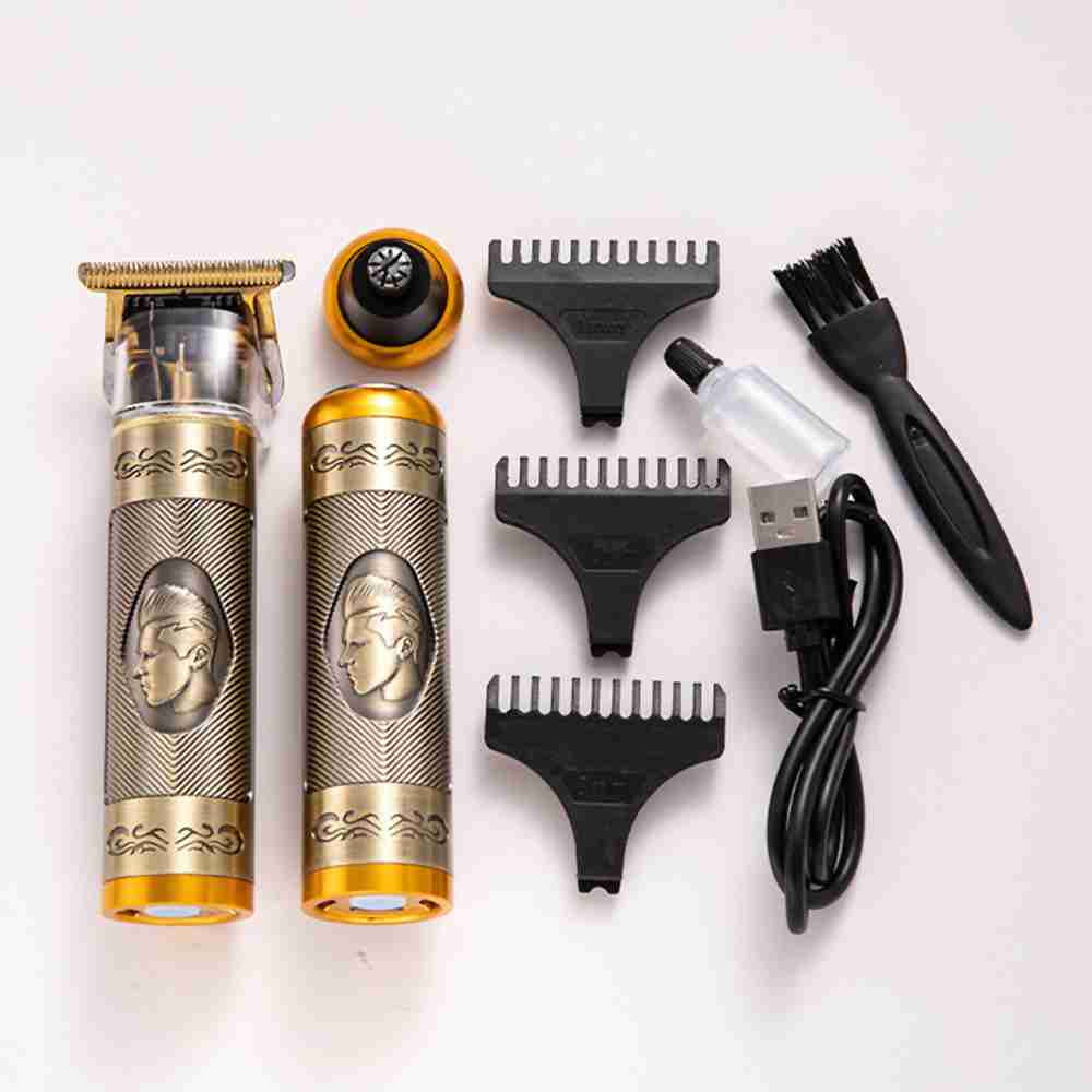 Hair trimmer set with attachments on a light pink background