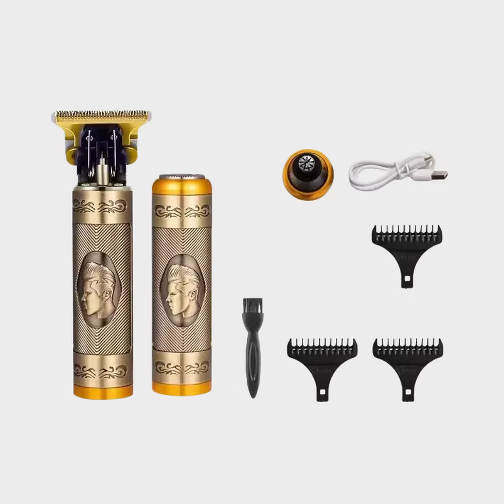 Hair trimmer set with attachments on a white background